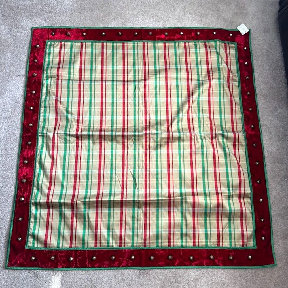 VTG Christmas Velvet Tabletop Runner Red, Green, Gold with Bells 54 x 54"